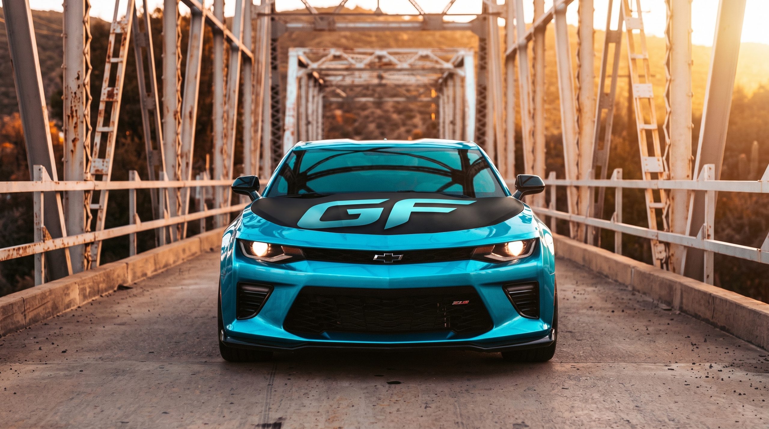 Chevrolet Camaro azul sobre un puente